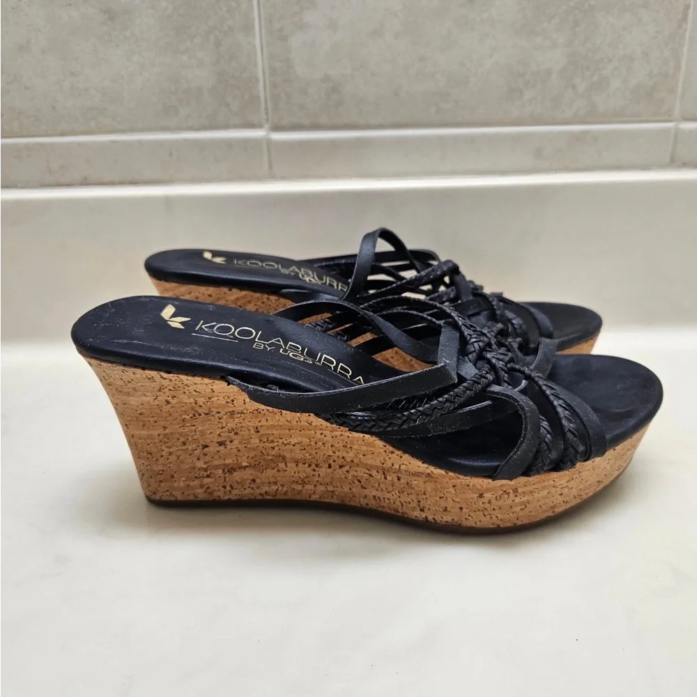 UGG Koolaburra Black Braided Strappy Wedge Sandals Size 5.5 Cork Platforms